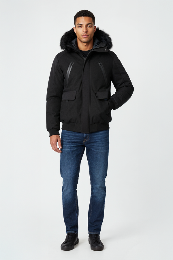 Blouson schott noir urban à capuche, soft shell